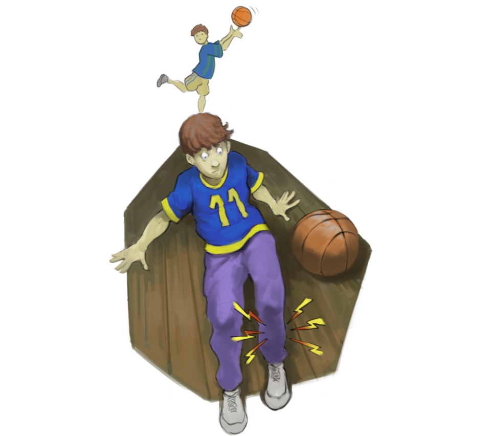 Illustration: Max ist beim Basketball gestürzt und hat große Schmerzen im Schienbein.