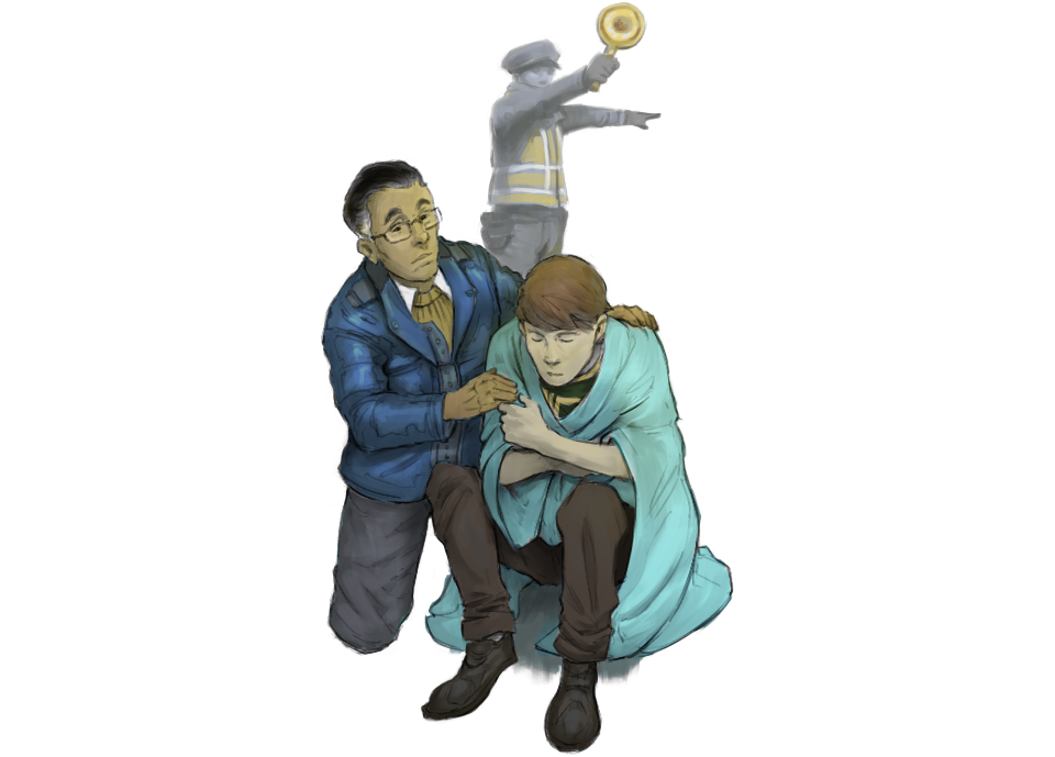Illustration: Ein Mann hält seinen Arm um einen Jungen, der von einem Unfall unter Schock steht.