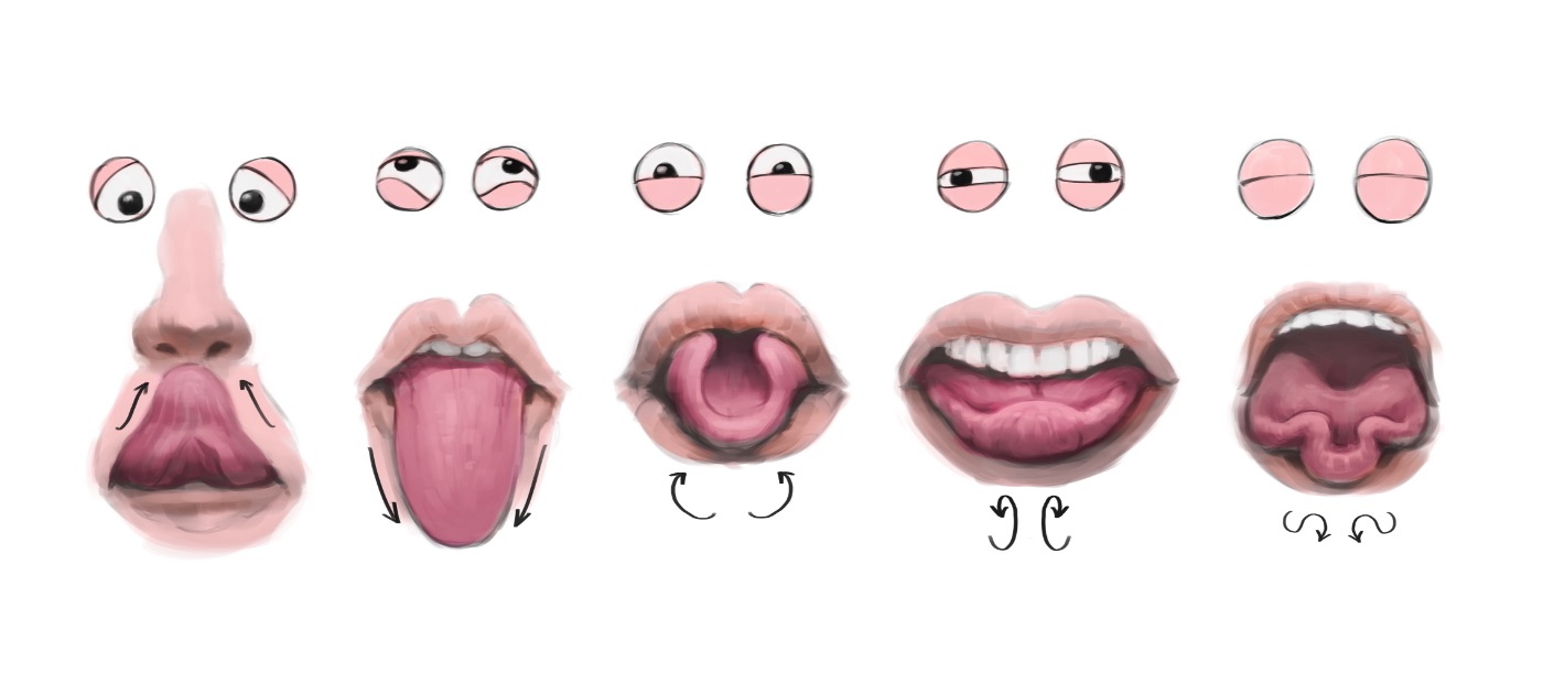 Fünf lustig grafisch dargestellte Zunge in unterschielichen Bewegungen. Zu jeder zunge Augenpaare abgebildet. 