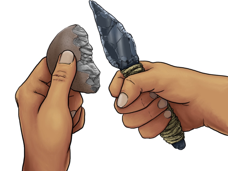 Illustriation von zwei Händen. Eine Hand hält einen Stein abgebrochenen grauen flachen Stein, die andere Hand hält ein spitzes und selbstgemachtes Steinmesser.