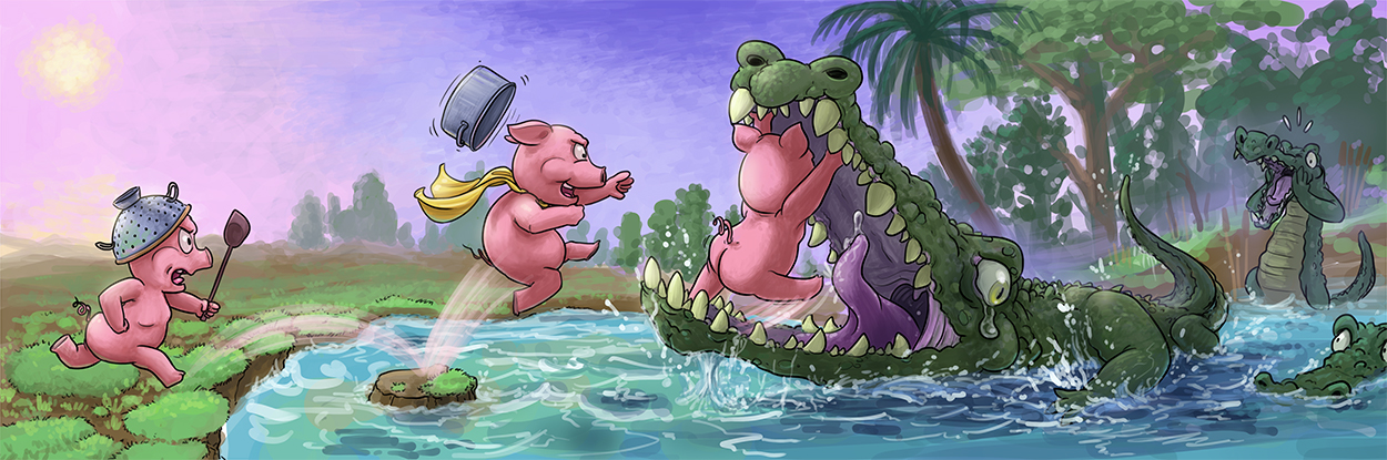 Der Merksatz, nämlich rosa Schweinchen kämpfen ohne Furcht gegen Alligatoren, ist bildlich dargestellt.