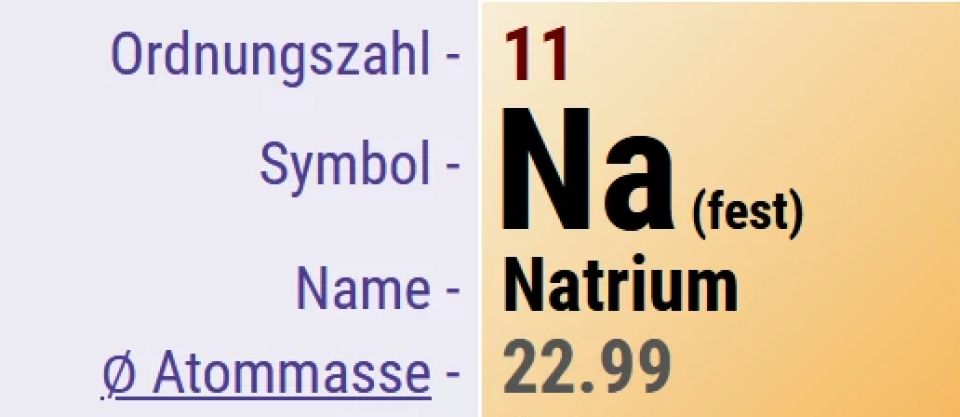 Zusatzinformationen des Elements Natrium. Ordnungszahl: 11, Symbol: Na, Name: Natrium, Atomgeweicht: 22.99
