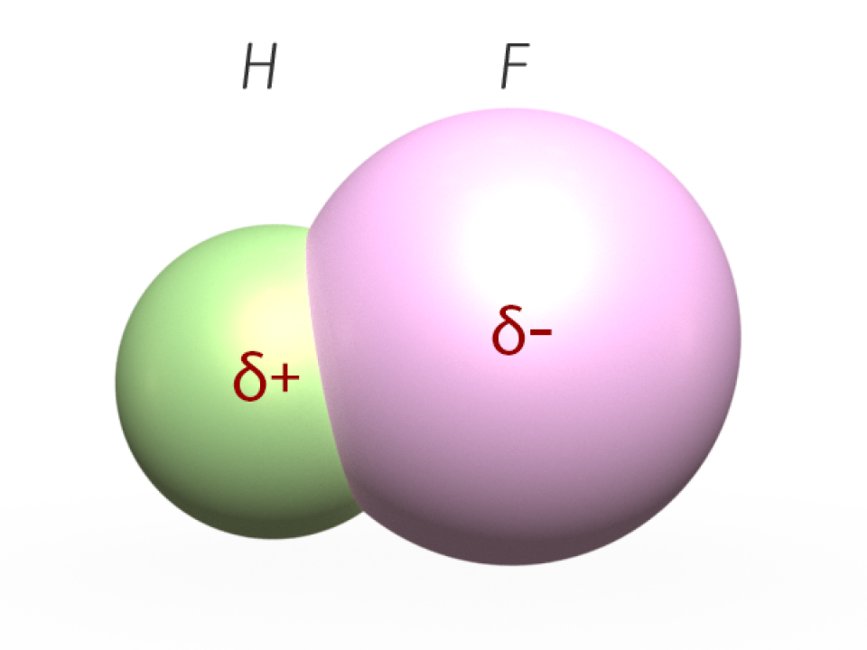 Zeigt die negativen und positiven Tailladungen von Wasserstoff und Flour delta negativ beim Flouratom und delta positiv beim Wasserstoffatom