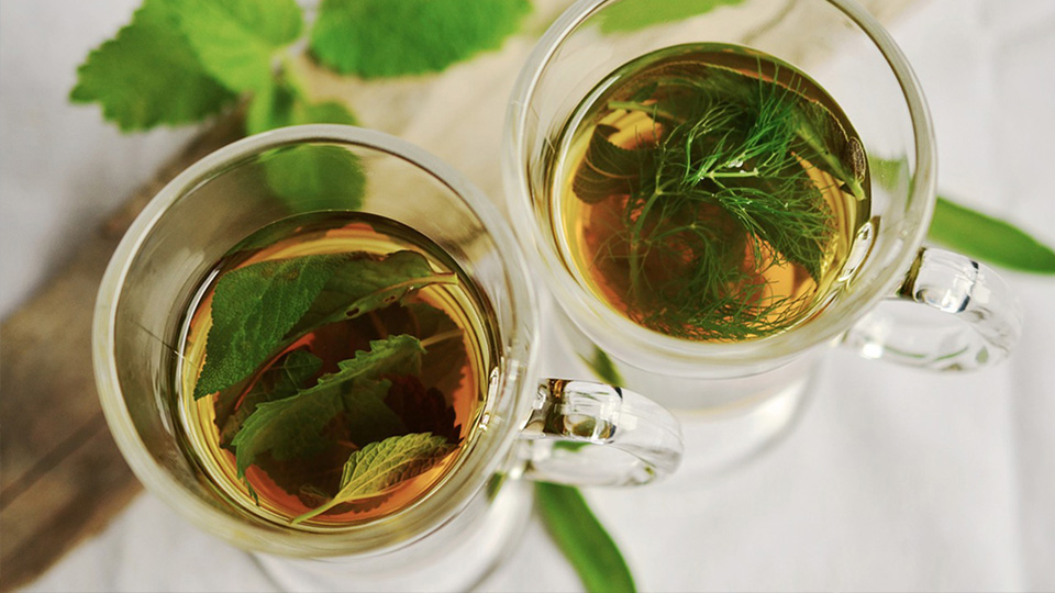 Zwei Gläser Tee mit frischen Teeblättern.