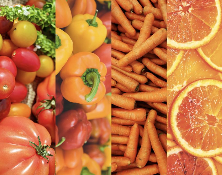 Pflanzliche Lebensmittel beinhalten Schutzstoffe, <sb-unit>z. B.</sb-unit> Carotinoide in Tomaten, Paprika, Karotten und
         Orangen.