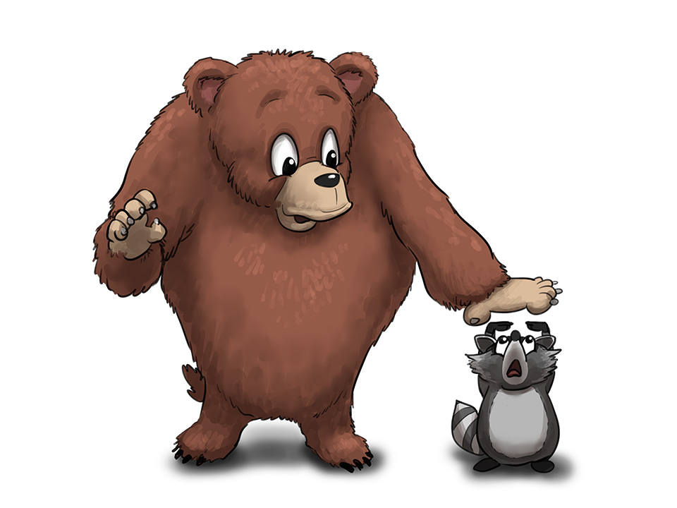 Man sieht einen großen Bären, der seine Größe mit einem kleinen Waschbären vergleicht.