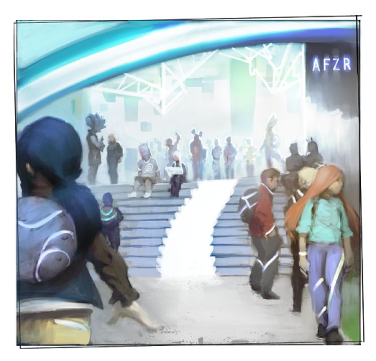 Farbige Illustration: Eingangsbereich einer Schule, futuristisch angehaucht, im Zentrum eine Treppe, darum verteilt mehrere Schülerinnen