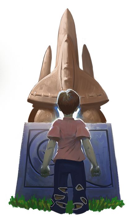 Farbige Illustration: Ein Junge steht vor einer hohen Raketenstatue, die bronzene Statue steht auf einem hohen Sockel.