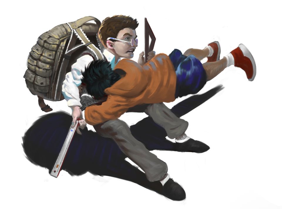 Farbige Illustration: zwei Jungs raufen sich. Ein bunt gekleideter Junge springt auf einen anderen Jungen mit Brille und übergroßen Rucksack. 