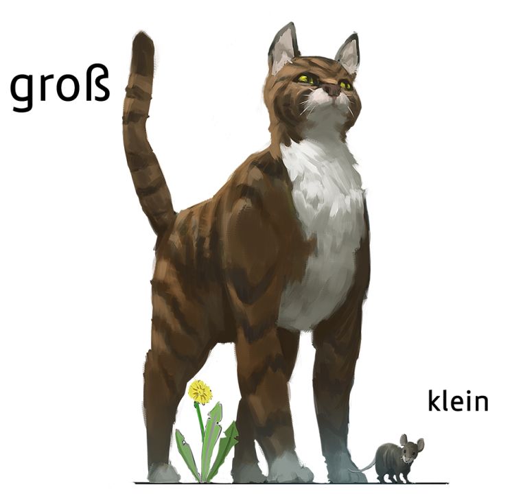 Farbige Illustration: große Katze und kleine Maus stehen nebeneinander auf einer Wiese