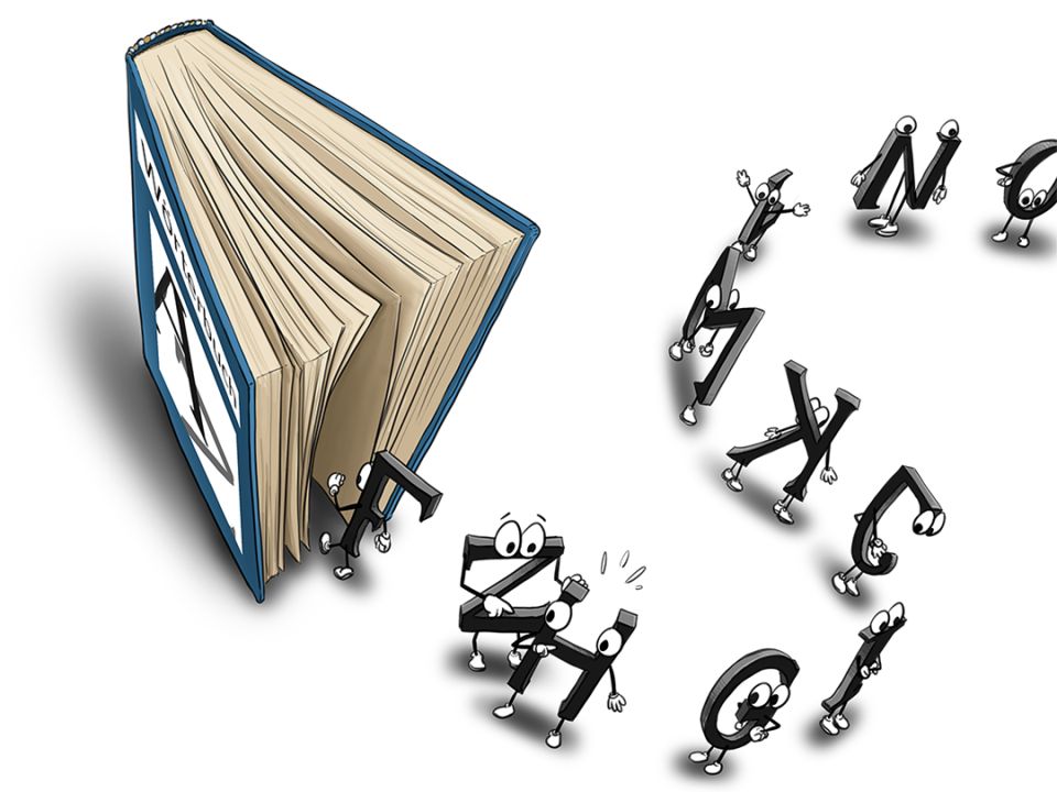 Grafische Darstellung: hochgestelltes offenes Wörterbuch aus dem große Buchstaben mit Augen heraushüpfen und Reihe bilden