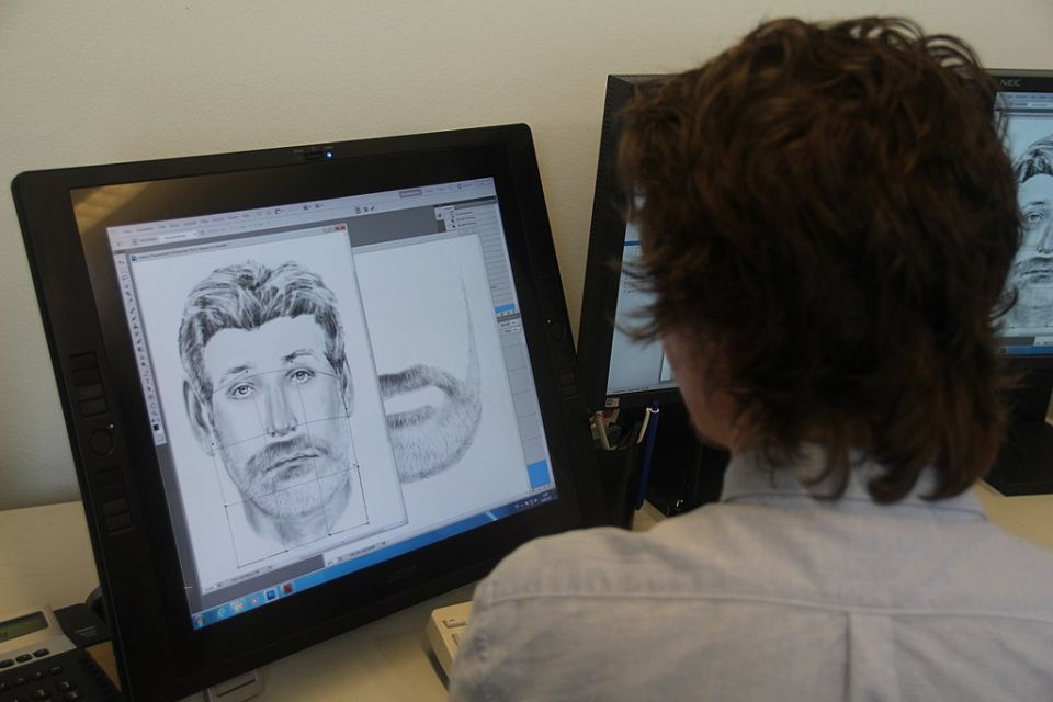 Grafische Darstellung: Phantombildzeichner schaut auf Computerbildschirm mit gezeichnetem Phantombild eines Mannes