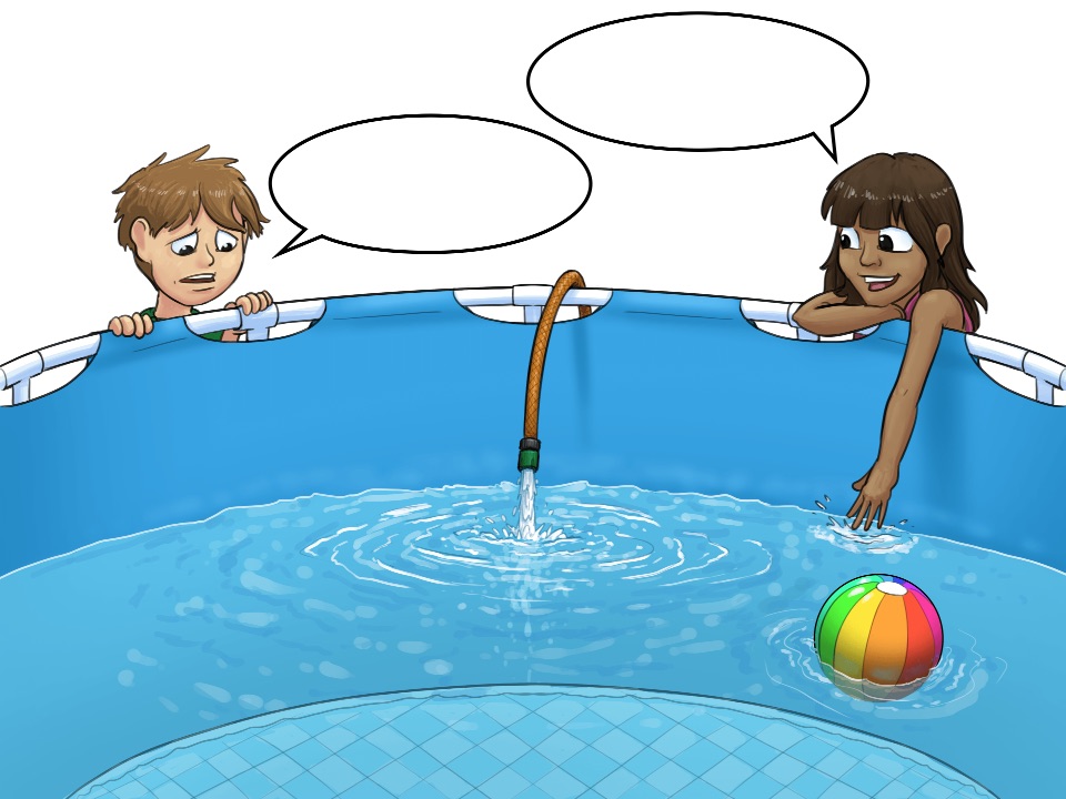 Grafische Darstellung: ein Bub und ein Mädchen hinter einem halbvollen Swimmingpool