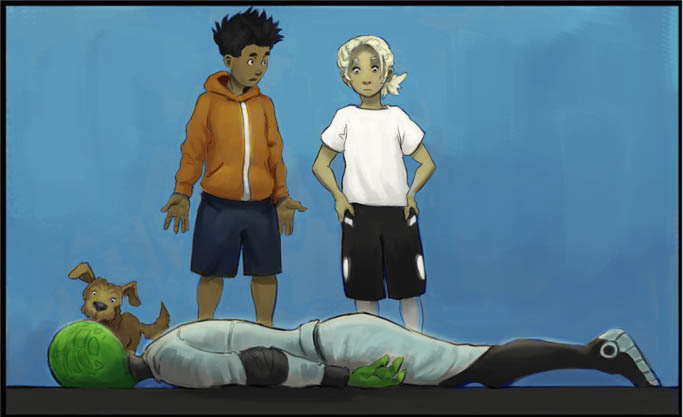 Comicbild - ein Alien liegt am Boden, zwei Kinder und ein Hund stehen danaeben