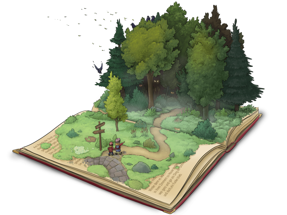 Man sieht ein aufgeschlagenes Buch. Auf den Seiten ist ein Weg in einen Wald eingezeichnet, der aus dem Buch wächst. Zwei Kinder folgen einem beschilderten Weg in den Wald. 