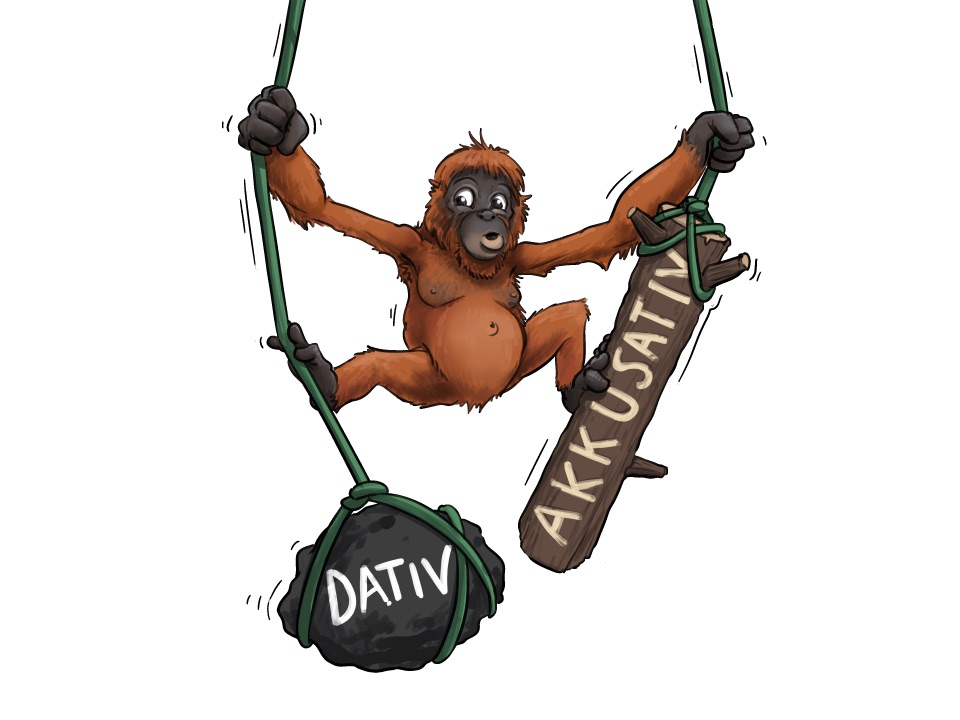 Auf der Abbildung schwingt sich ein Affe der einer Liane zur anderen. Eine Liane ist mit „Dativ“ beschriftet, die andere mit „Akkusativ“.