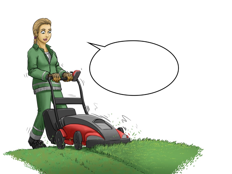 Eine Frau mäht den Rasen. In ihrer Sprechblase steht: „Ich mähe den Rasen.“