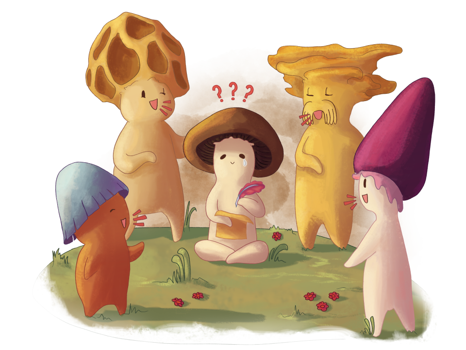 Eine Illustration mehrerer Pilze, die sich in unterschiedlichen Dialekten unterhalten. Der Pilz in der Mitte der Gruppe ist verwirrt, da er nicht viel versteht.