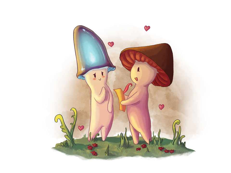 Eine Illustration eines verliebten Pilzpaares. 