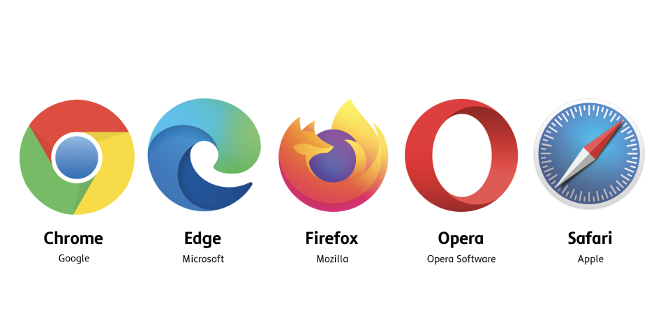 Symbole der bekanntesten Internetbrowser: Chrome, Edge, Firefox, Opera und Safari.