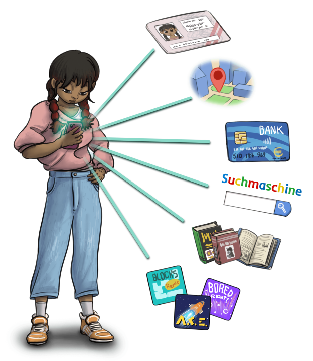 Illustration eines Mädchens, die auf ihr Handy starrt. Striche die von ihrem Handy weggehen, zeigen Symbole zu personenbezogenen Daten: ein Ausweis, Standort, Bankkarte, Suchmaschinenverlauf, Bücher, Spiele.