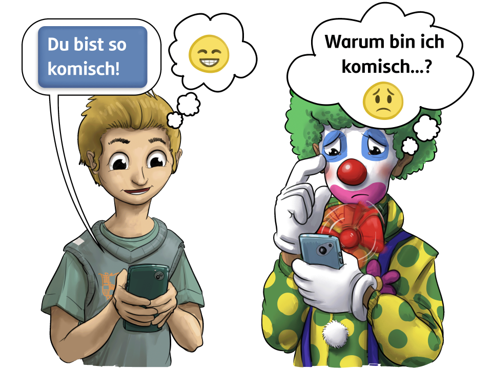 Illustration von einem Jungen, der mit einem Clown chattet. Der Junge schreibt: Du bist komisch. Der Clown versteht das nicht als Kompliment und ist traurig.