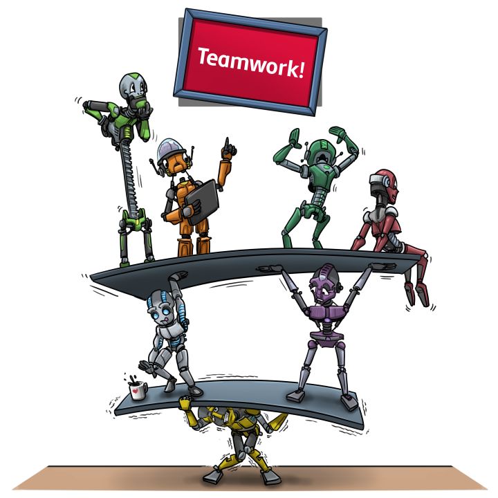 Eine lustige Illustration zum Thema Teamwork. Roboter die auf mehreren Ebenen versuchen zu balancieren. Der unterste trägt die Last,die obersten denken nur nach.