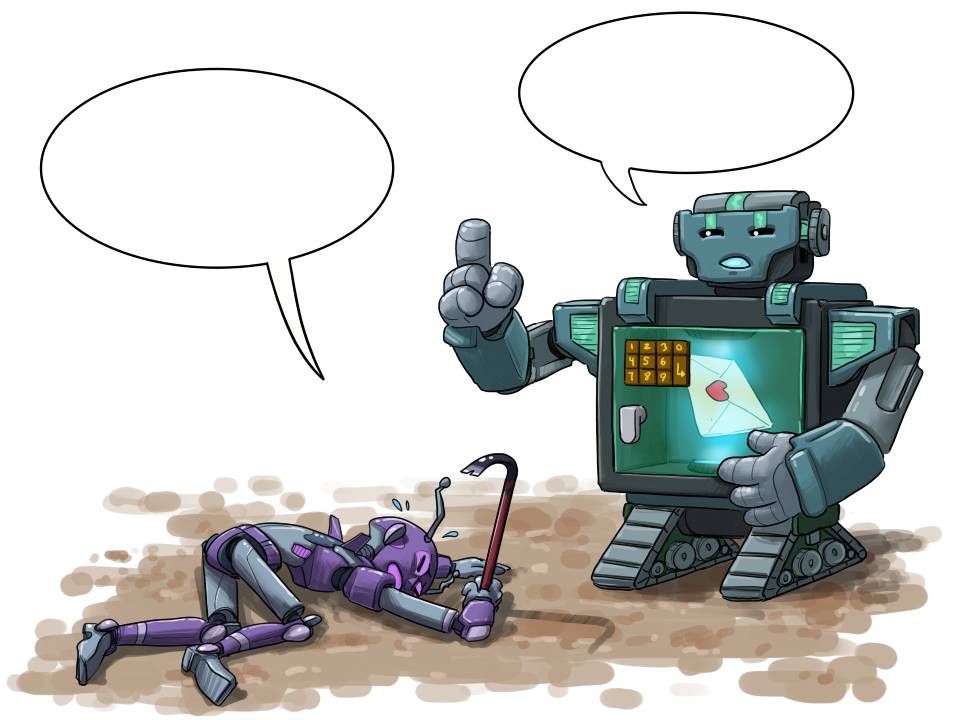 Illustration von zwei Robotern. Einer hat einen Tresor mit einem Liebesbrief im Bauch versteckt und der andere versucht den Tresor mit einer Brechzange aufzuknacken.
