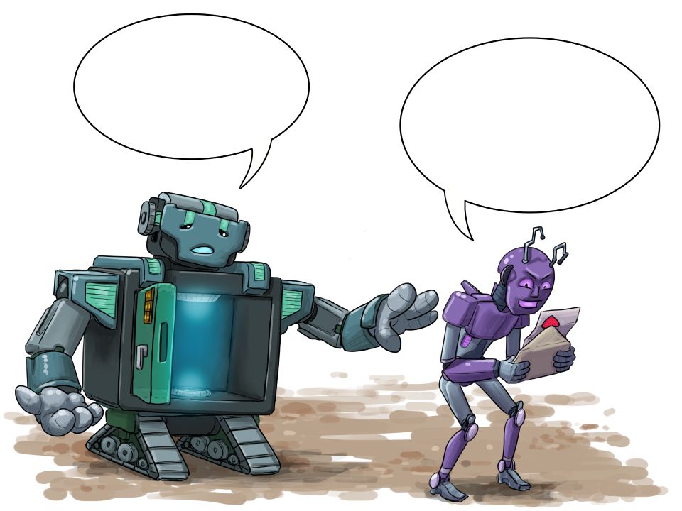 Illustration von zwei Robotern. Der eine hat einen geöffneten Tresor im Bauch und der andere hält einen Liebesbrief in der Hand.