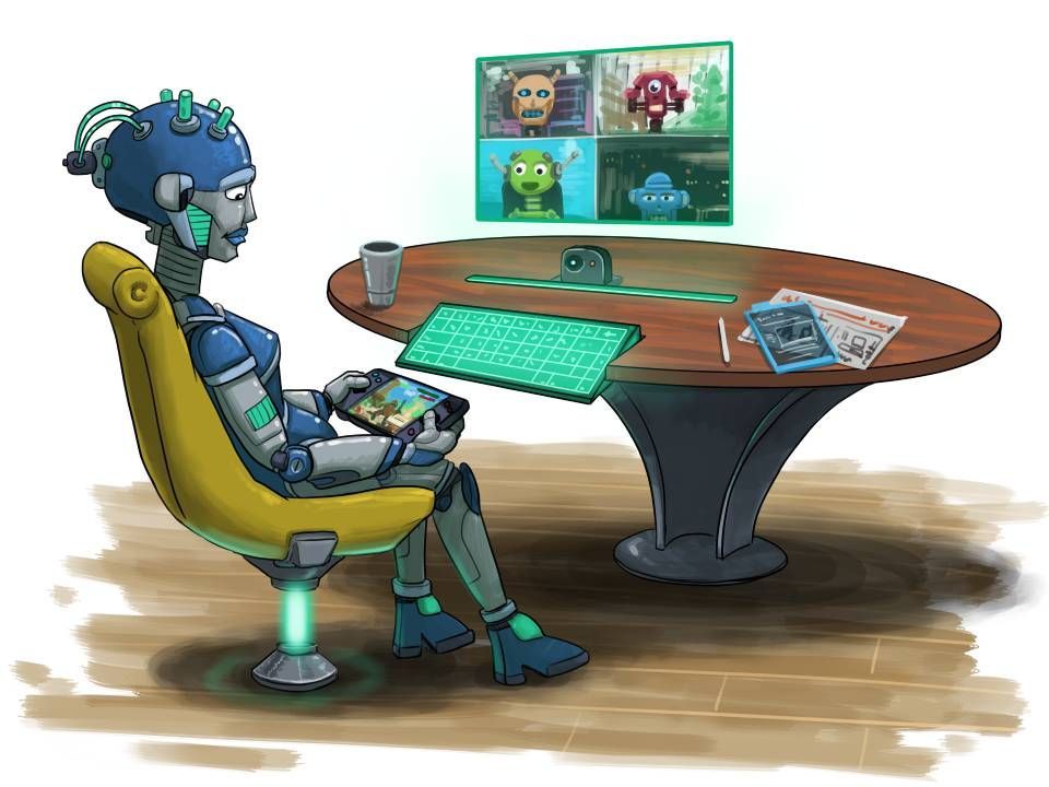 Illustration eines Roboters der unterm Tisch ein Spiel spielt, während auf dem Bildschirm ein Online-Meeting stattfindet.
