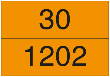 Eine Gefahrentafel mit der Zahlenkombination 30 (entzündbare Flüssigkeit) im oberen Feld und 1202 (Heizöl) im unteren Feld