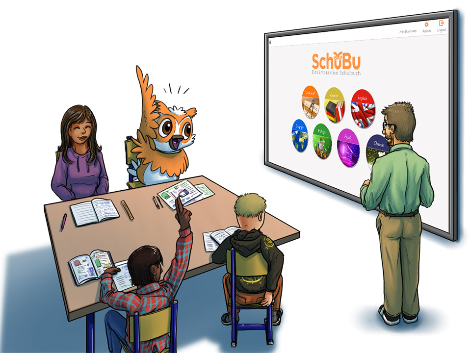 Illustration, vier Schüler*innen sitzen an einem Schultisch, ein Lehrer steht an der Tafel und verwendet SchuBu das interaktive Schulbuch, die Schubu-Eule meldet sich eifrig.