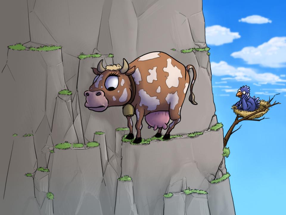 Lustige Illustration einer Kuh auf einem schmalen Felsvorsprung hoch oben in steilem Gelände balancierend, daneben ein Vogelnest mit einem blauen, neugierigen Vogel.