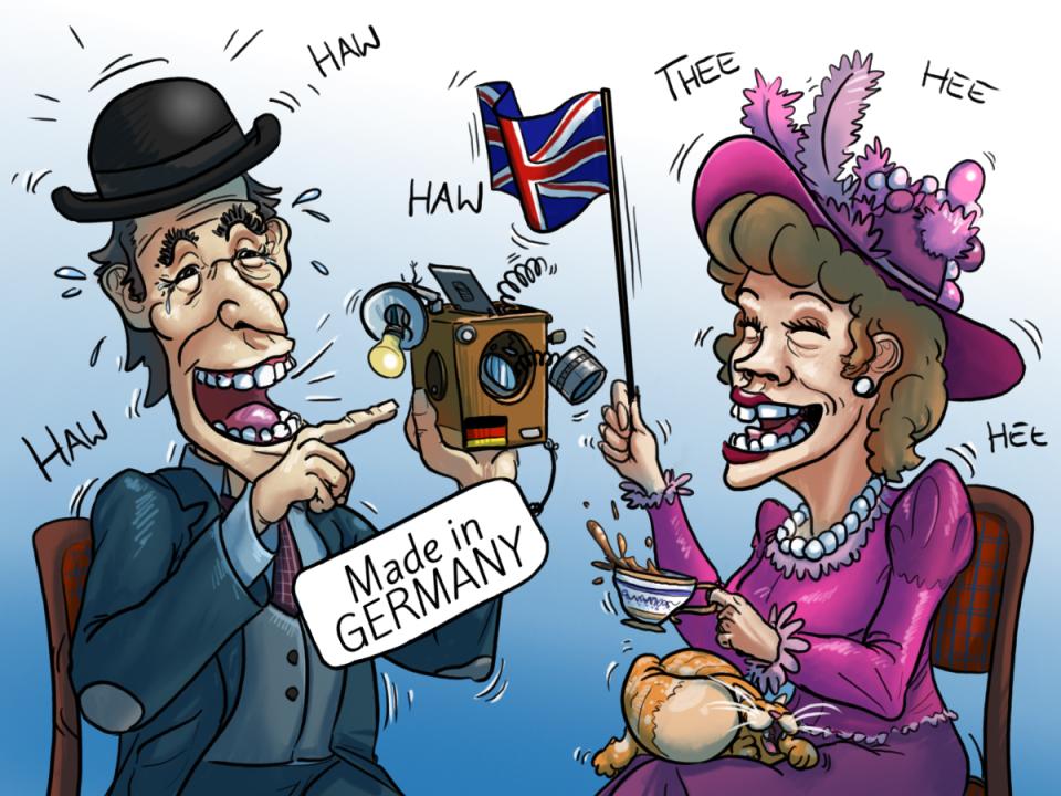 Karikatur, Eine Comic-Zeichnung eines englischen Mannes und einer Frau, sehr klischeehaft dargestellt, die sich über ein kaputte Kamera aus Deutschland lustig machen