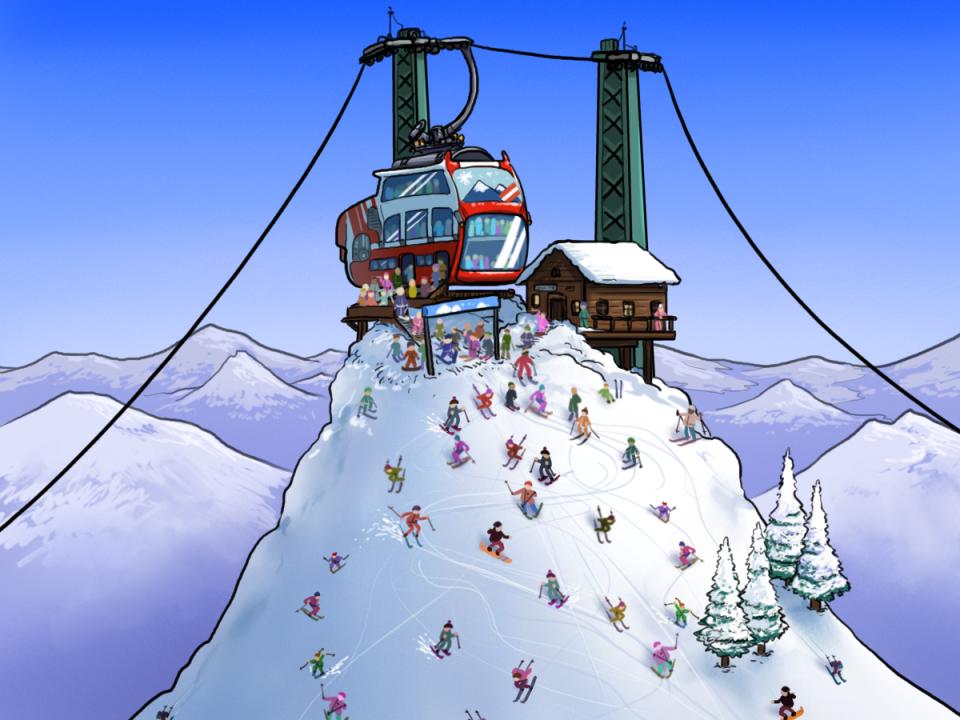 Eine Comic-Zeichnung eines mit Schifahrern überfüllten Berg mit einer Seilbahn
