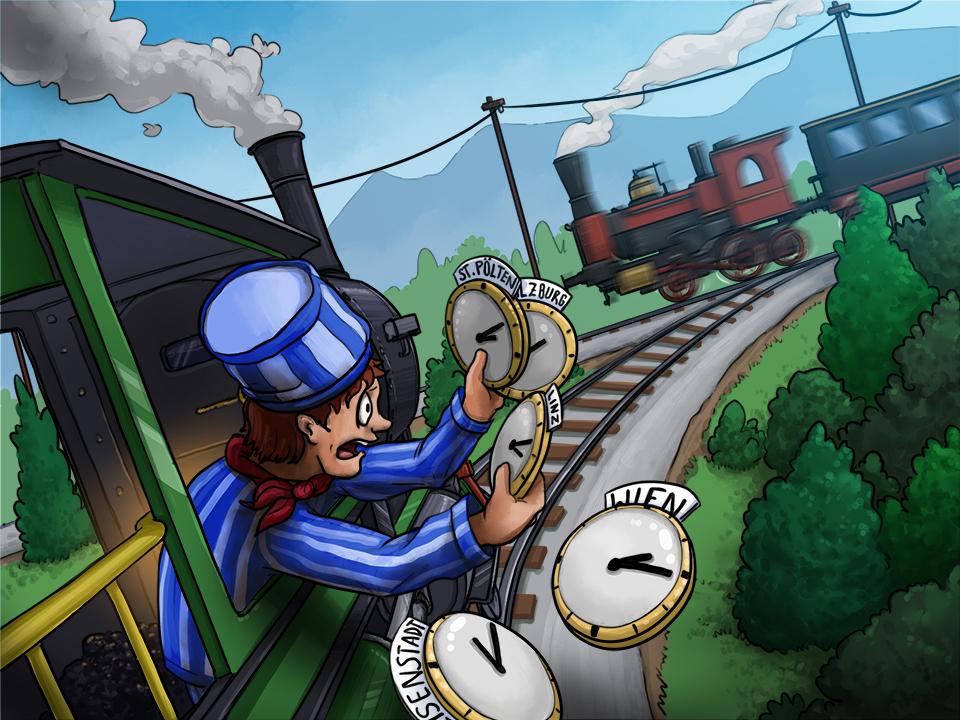 In einer comichaften Darstellung ist zu sehen, wie ein Zug auf einen anderen zurast, weil der Lokführer sich nicht mit den unterschiedlichen Zeiten in den Städten auskennt.