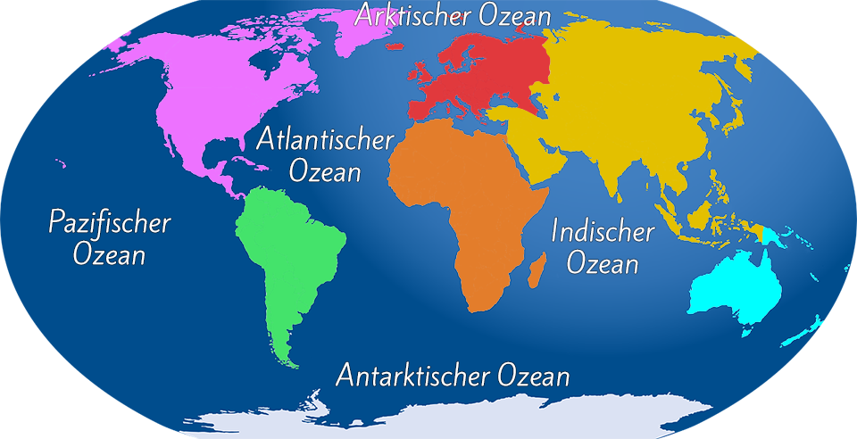 Eine versimpelte Form der Weltkarte, in der die sieben Kontinente der Erde in unterschiedlichen Farben und die fünf Ozeane abgebildet sind.