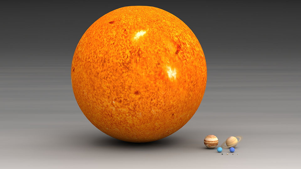 Figurative Abbildung unserer Sonne im Größenvergleich zu den restlichen acht Planeten.