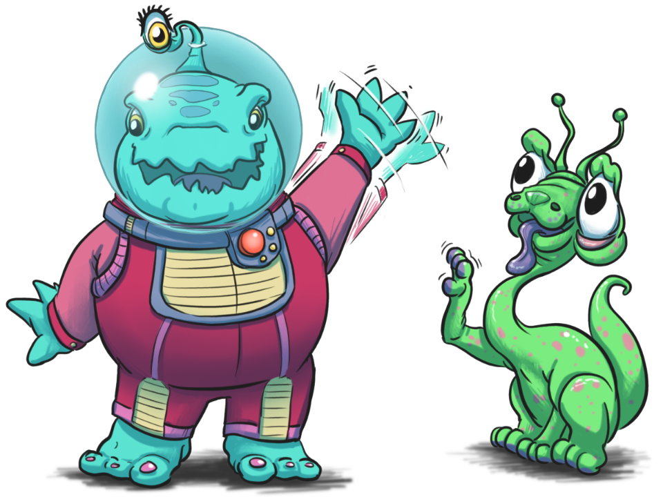 Zwei freundlich winkende Aliens (Zeichnung)