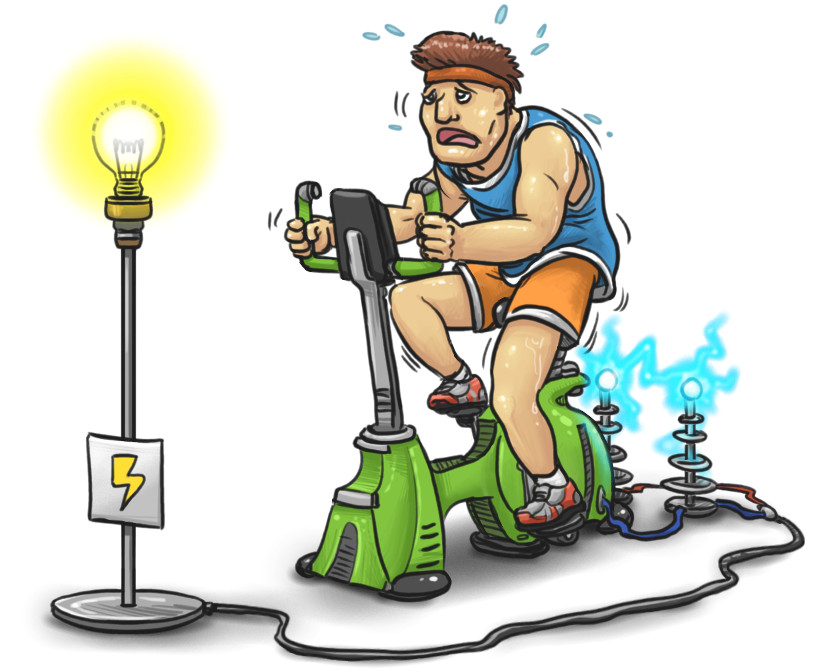 Karikaturistische Illustration. Ein Mann sitzt auf einem Ergometer um Energie für eine Glühbirne zu produzieren. Er schwitzt und ist völlig außer Puste.