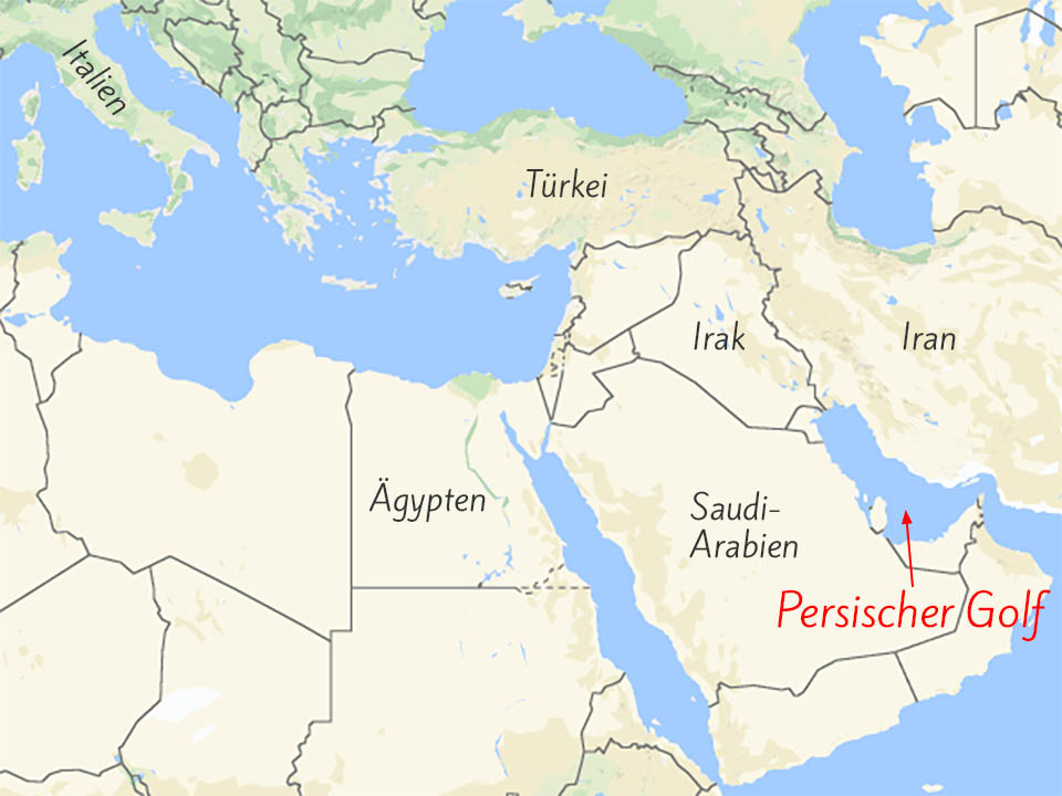 Stark vereinfachte physische Karte mit Hauptfokus auf den Nahen Osten. Abgebildet sind der Mittelmeerraum beginnend mit Italien, Teil von Nordostafrika bis hin zum Persischen Golf rechts unten im Bild.