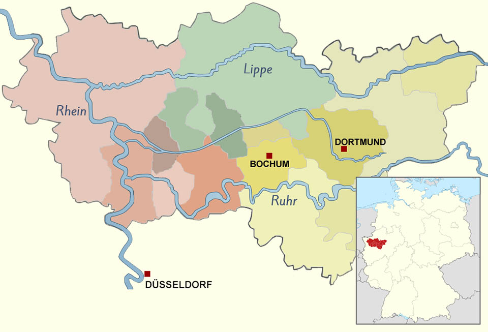 Eine vereinfachte physische Karte vom Ruhrgebiet. Rhein, Ruhr und Lippe sind in rot, grün und gelb unterteilt. Rechts im Eck ist eine kleine Deutschlandkarte, mit dem Ruhrgebiet in dunkelrot eingezeichnet.