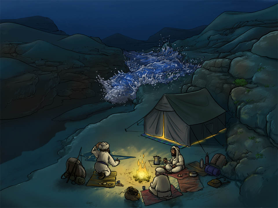 Ein gezeichnetes Bild, eines Zeltlagers in der Wüste. Drei Männer sitzen am Lagerfeuer vor ihrem Zelt mitten in einem Trockental, während sich seitlich ein reißender Bach anbahnt.