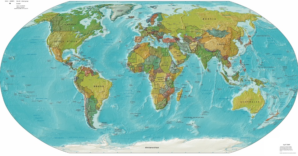 Politische Weltkarte: Strukturen der Erdoberfläche und der Meeresböden sind dargestellt, außerdem die Staaten der Erde.
