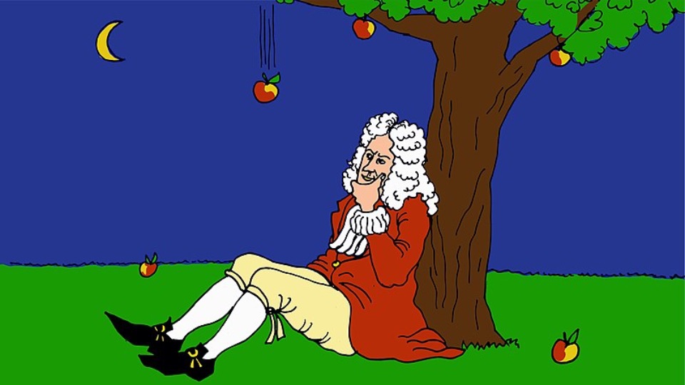 Isaac Newton sitzt denkend unter einem Apfelbaum