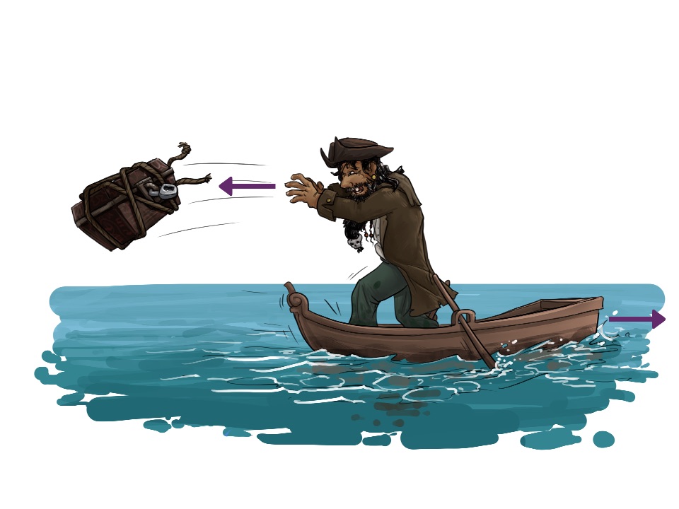 Pirat schmeißt eine Schatzkiste aus einem Boot